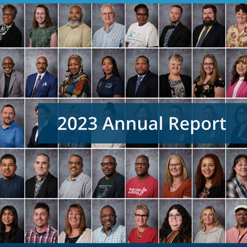 2023 Annual report thumbnail with a contact sheet of headshots 2023 RLS attendees